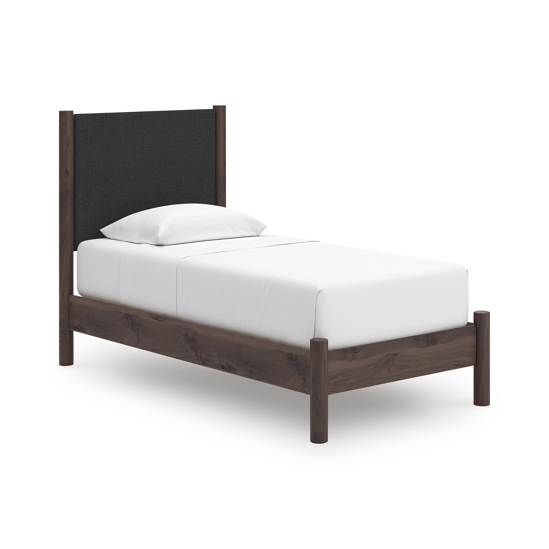 Signature Design by Ashley Cadmori Boho Chic Upholstered Panel Platform Bed, Foundation or Box Spring Not Needed, Twin, Dark Brown