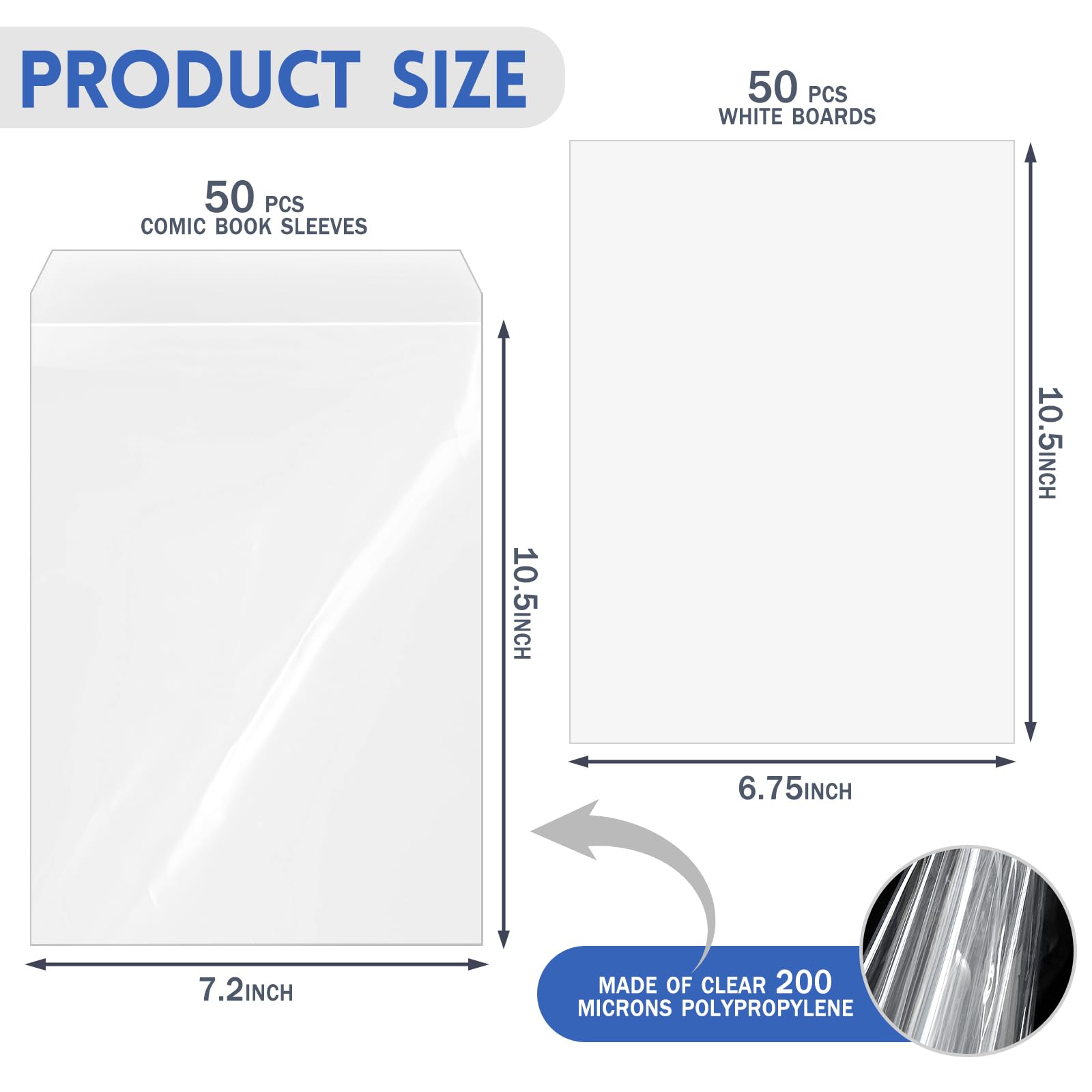 50 Sets Current Size Comic Book Bags and Boards, Reusable Transparent Comic Book Sleeves with Double-Sided White Cardboard Regular Comics Magazine Storage for Collector Small Business
