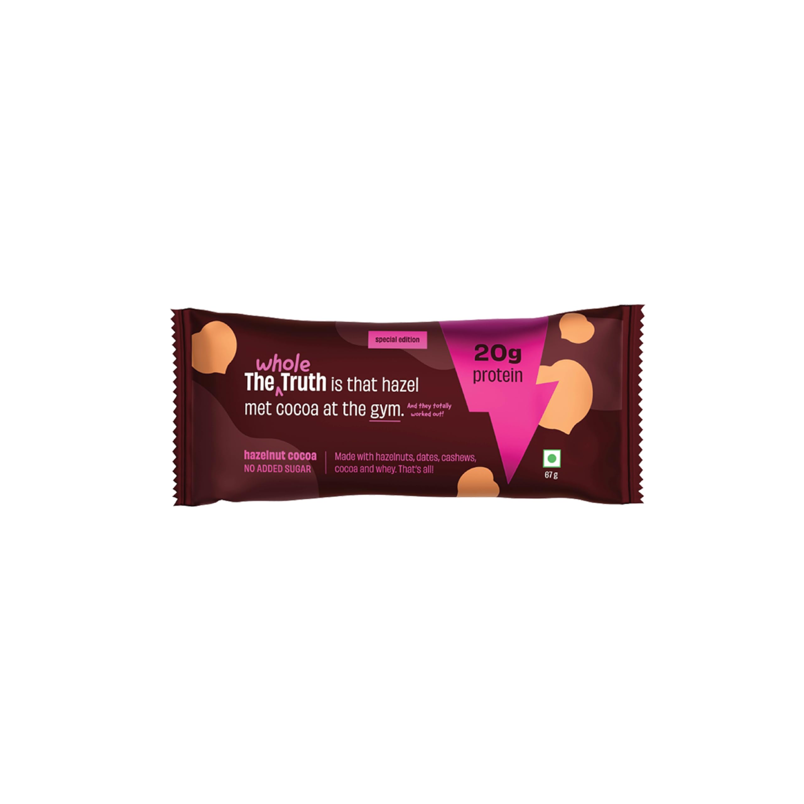 The Whole Truth - High Protein Hazelnut Cocoa 20g Protein Bar - Pack of 5 x 67g each - No Added Sugar - No Preservatives - No Artificial Flavours - All Natural