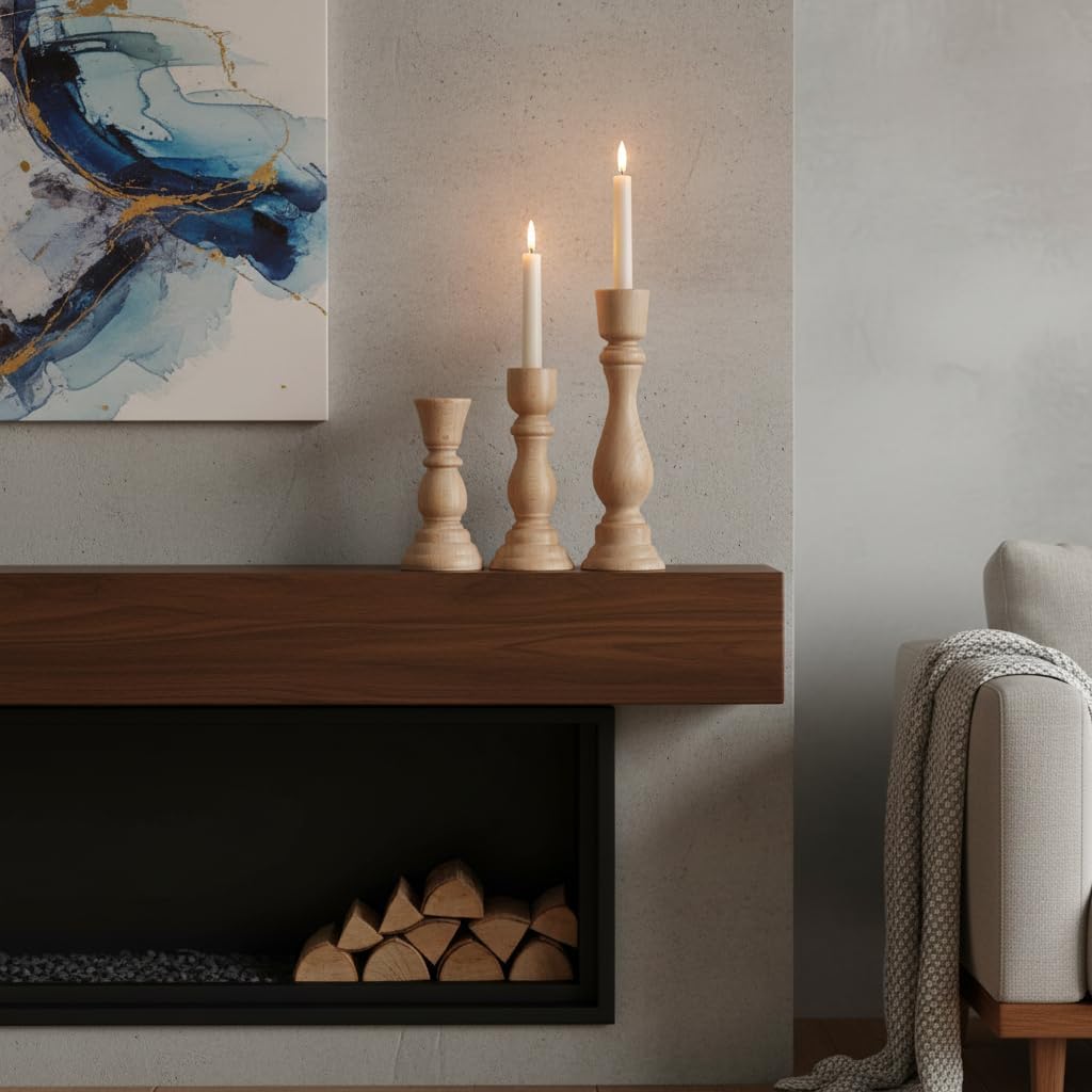 3 Pcs Wooden Candle Holders, Unfinished Taper Pillar Farmhouse Candlesticks