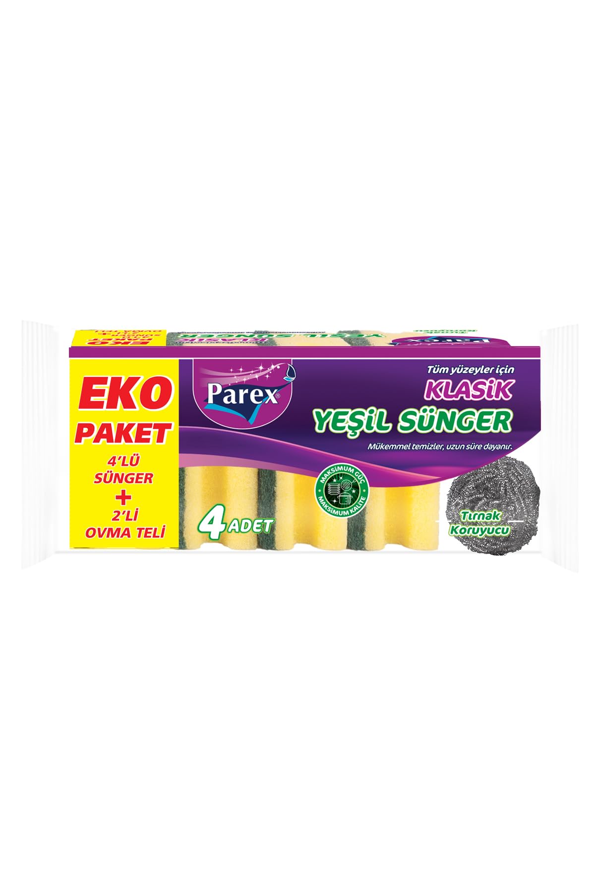 Parex Klasik Yeşil Sünger Oluklu 4'lü + 2’li Ovma Teli