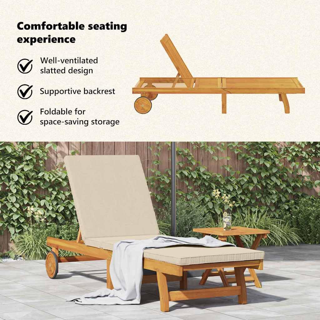 vidaXL Lettino Soleggiato Regolabile con Ruote in Legno di Acacia Marrone e Beige, Resistente alle Intemperie, Perfetto per Uso Esterno, Confortevole per Giardino e Patio, Capacità per 1 Persona, Re