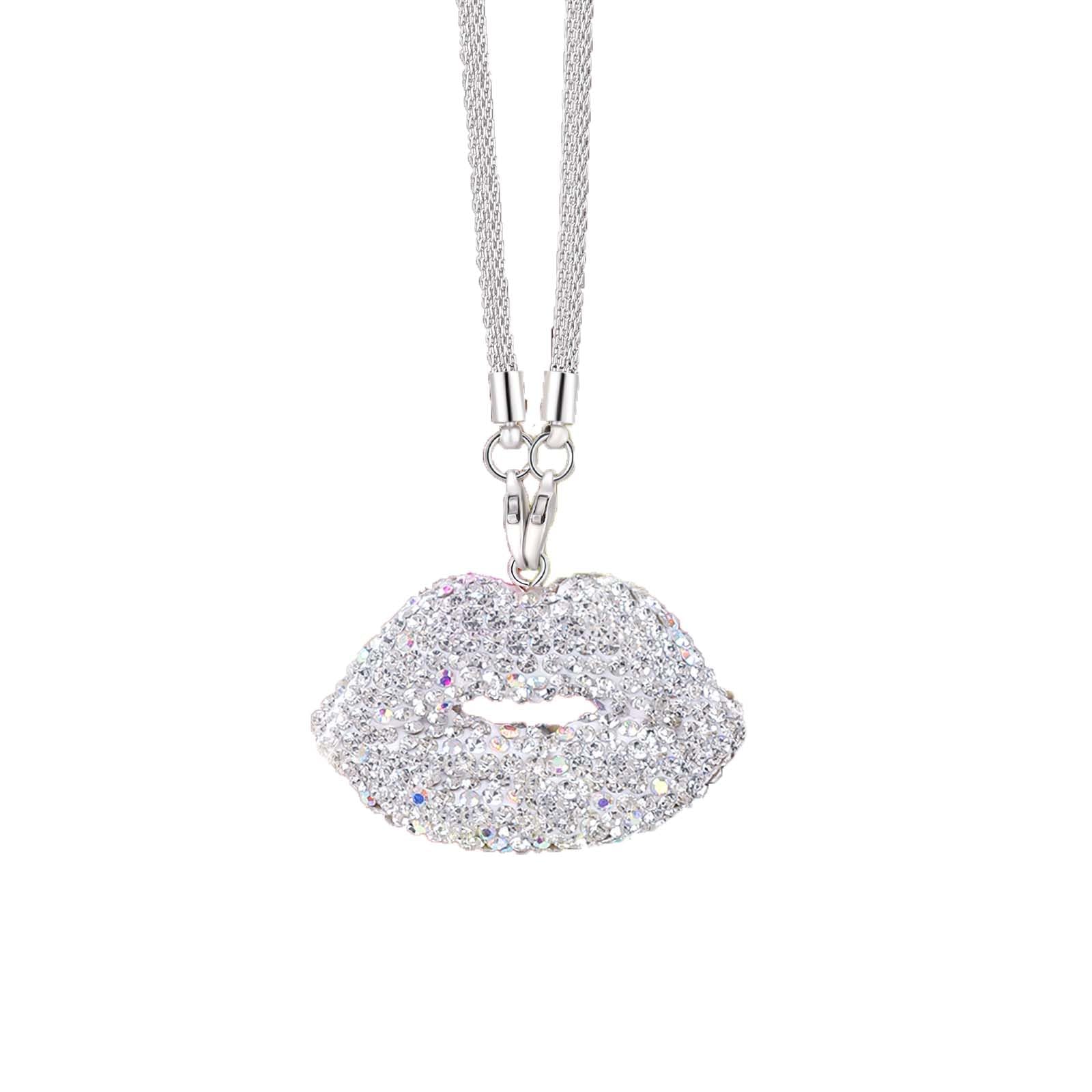 Bling White Lip Diamond Car Accessories for Women Crystal Car Rear View Mirror Charms Car Decor Valentines Gifts