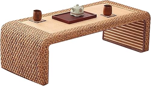 QQXX Mesa de centro de ratán tejido, mesa de centro rectangular para sala de estar, mesa de centro de mimbre rústica, mesa baja de tatami, mesa de