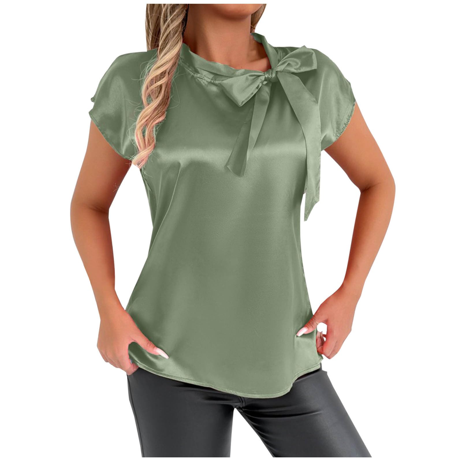 Women's Bow Tie Mock Neck Cap Sleeve Satin Shirts Blouses Office Ladies Elegant Dressy Business Casual Work Tank Tops Sage Green