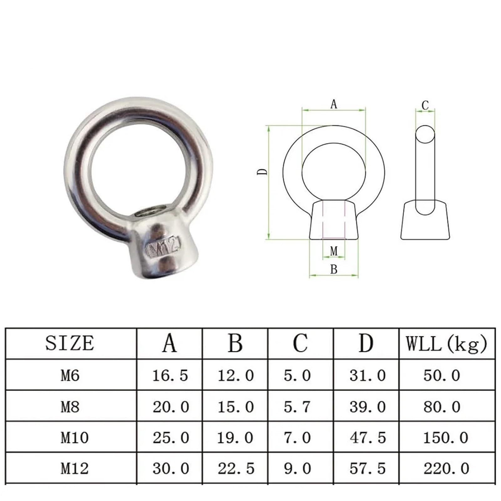 Cancamos Metalicos 5 tuercas de ojo de elevación M6 M8 M10 M12 de acero inoxidable 304, tuerca de ojo de alto pulido de acero inoxidable(1169-M12)