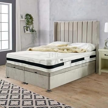 Luxury 48" Wingback Divan Bed Set   Double Bed Plush Velvet Panel Headboard with Memory Foam Mattress, Storage Base   Single/4ft6"/King Size Cream with Mattress, Fabric Swatch