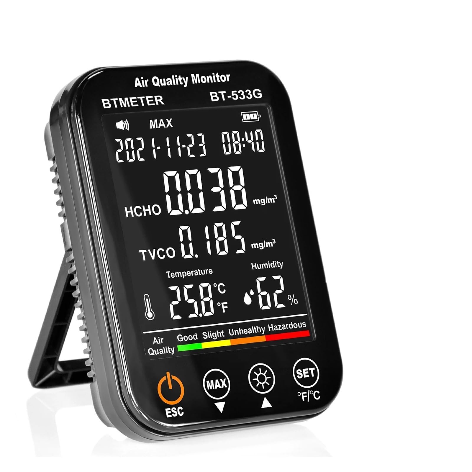 Moniteur de qualité de l'air intérieur 4 en 1, détecteur de formaldéhyde HCHO/TVOC, testeur précis Professionnel for Usage Domestique, qualité de l'air BT-533G pour Le Travail et la Maison