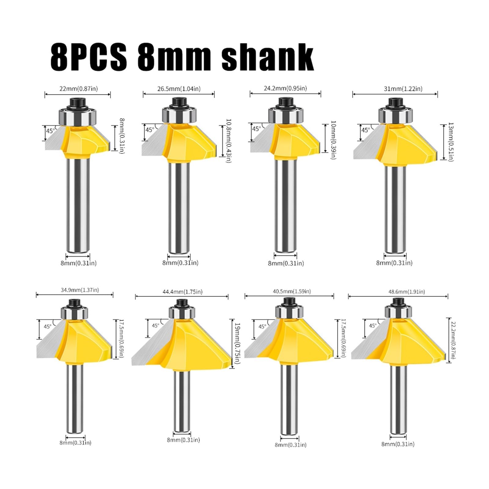 1/8 Sztuk 8mm Shank 45 Stopni Skos Frez Do Obróbki Drewna Maszyna Przycinania Grawerowania Narzędzia(8PCS SET 8mm Shank)
