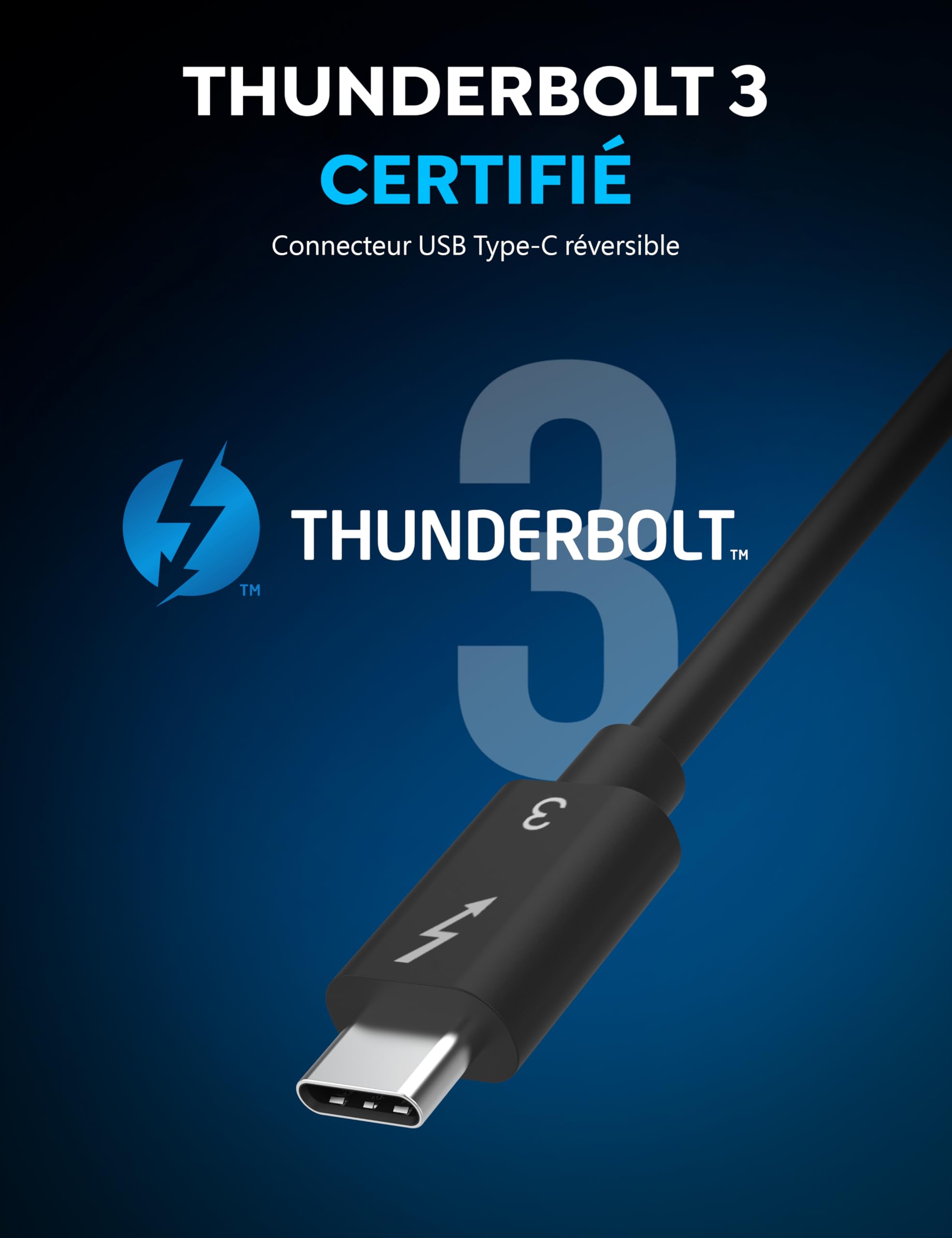 Câble USB C Thunderbolt 3, Certifié Intel, Type C Charge Rapide100W/40Gbps/5K UHD, Câble USB-C vers USB C Compatible pour Moniteur, écran Studio, M1 M2 Macbook, SSD, eGpu, Station D'accueil (CB-T320)
