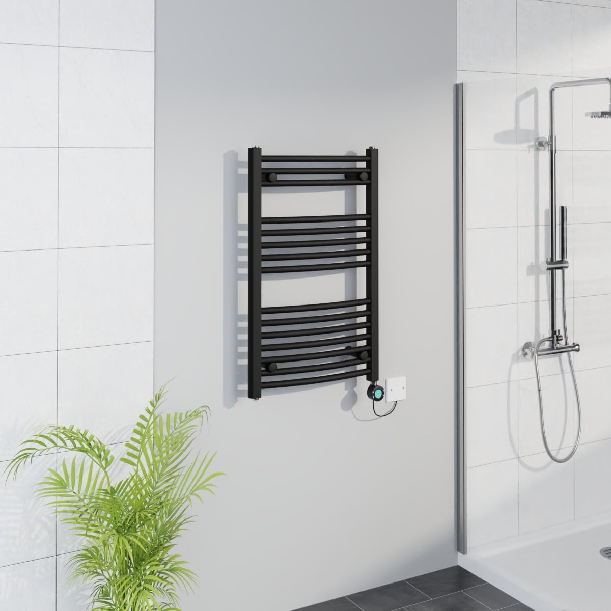 Warmehaus WiFi Electric Curved Heated Towel Rail Timer 800x500mm Black