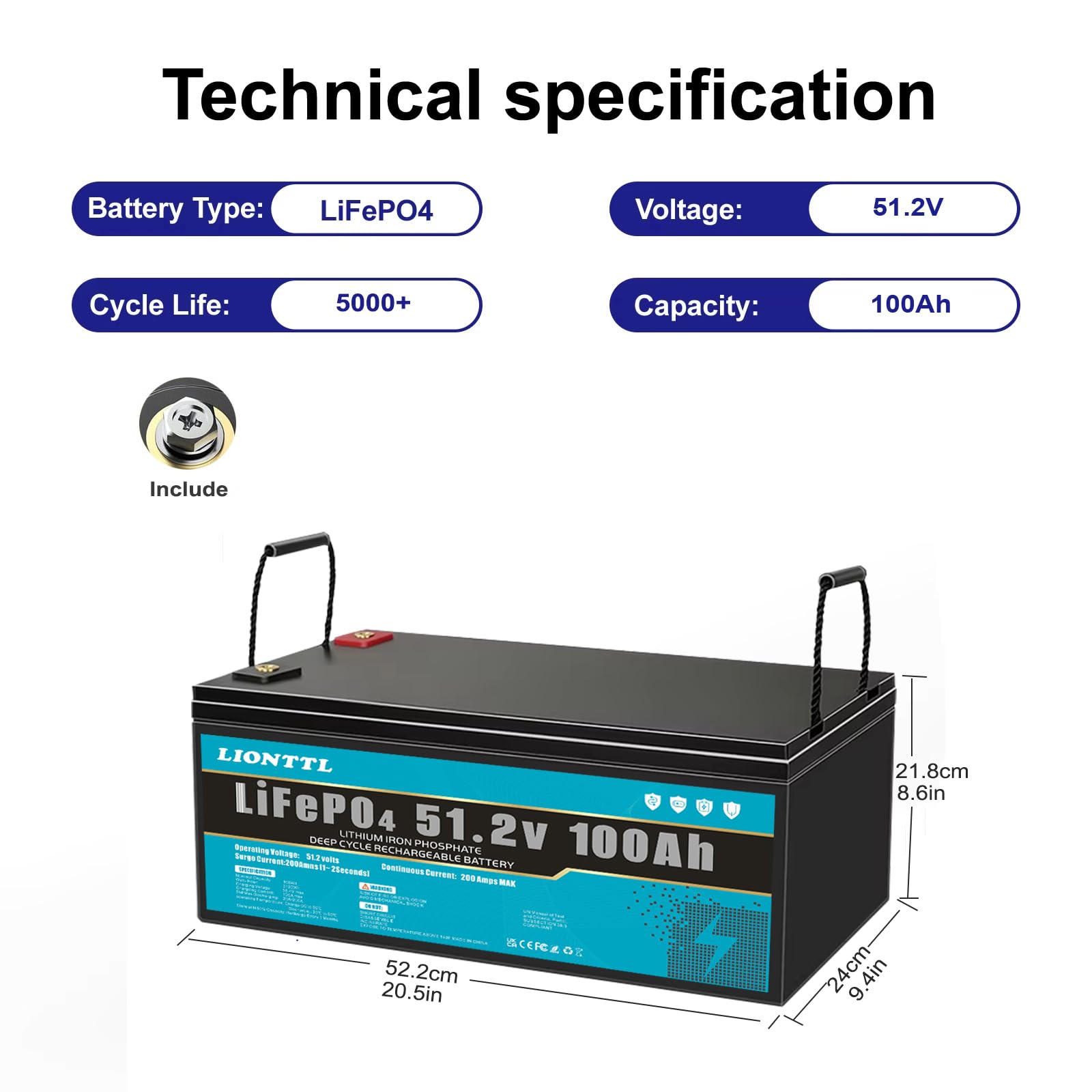 Baterías de Larga duración,Batería LiFePO4 48V (51,2V) 100Ah | , ciclo profundo 5000+, batería recargable de fosfato de iones de litio con BMS,Adecuado para acampar al aire libre.