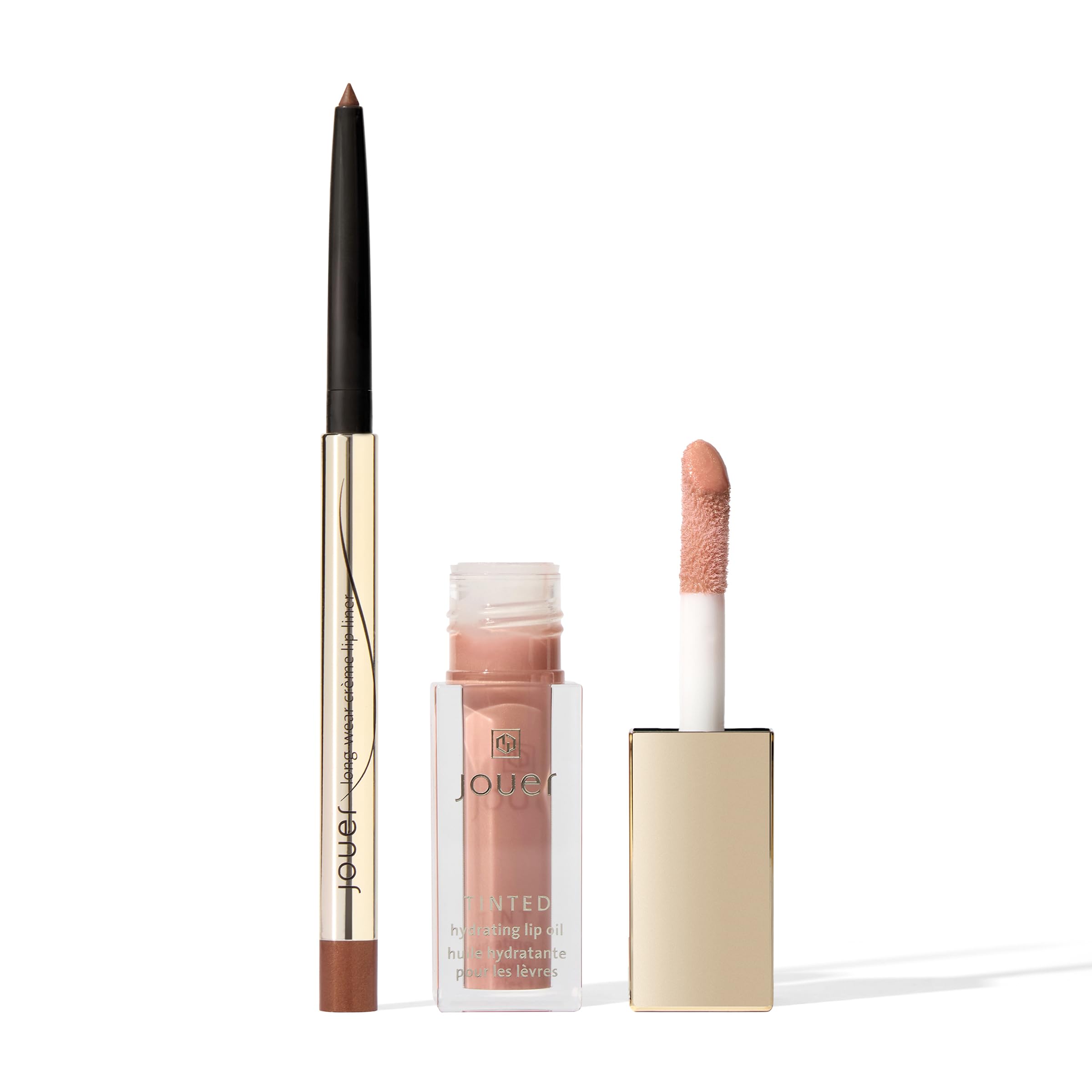 Jouer Café Lip Kit | Long-Wear Crème Lip Liner in Café (matte neutral brown) & Tinted Lip Oil in Chantilly (shimmering milky nude) | $47 Value