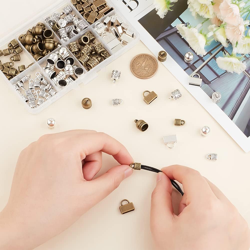 PH PandaHall 152pcs Glue-in End Caps 4 Styles Alloy Cord Ends 2 Colors Cord End Caps Vintage End Tip with Loop Ring Leather Cord Clasps for DIY Tassel Bracelet Necklace Jewelry Bag, 2/2.5/3/4mm Hole
