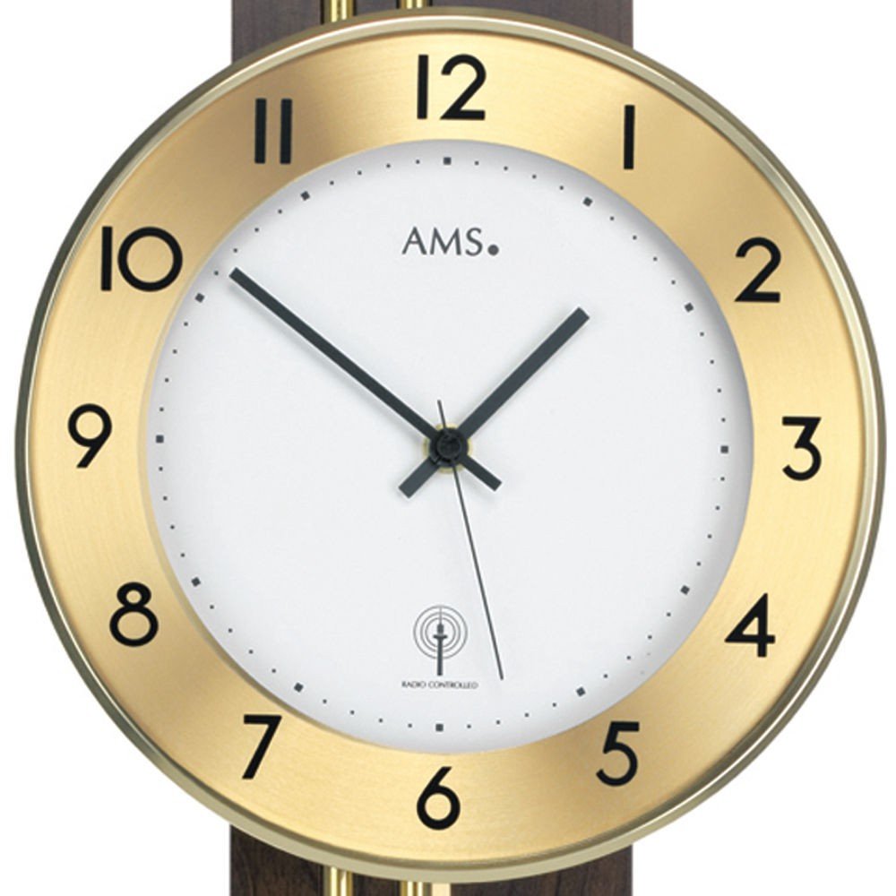 Wanduhr mit Pendel Funk Holzrückwand Nussbaum furniert Messingstäbe