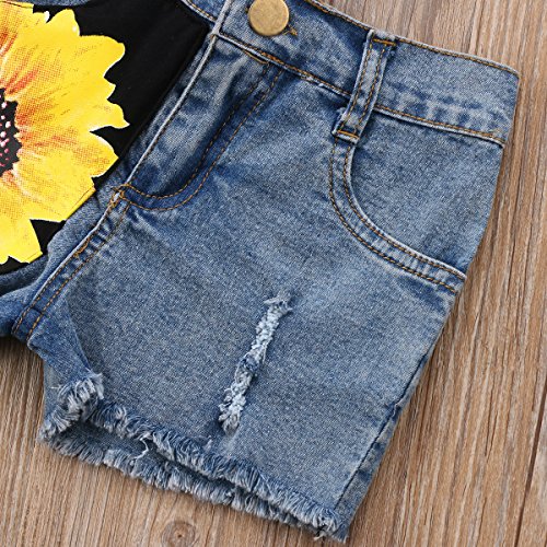 Honganda Fashion 2Pcs Toddler Kids Baby Girl Sunflower Outfits Sleeveless Tank Top+Denim Shorts Summer Clothes (Black, 2-3T)