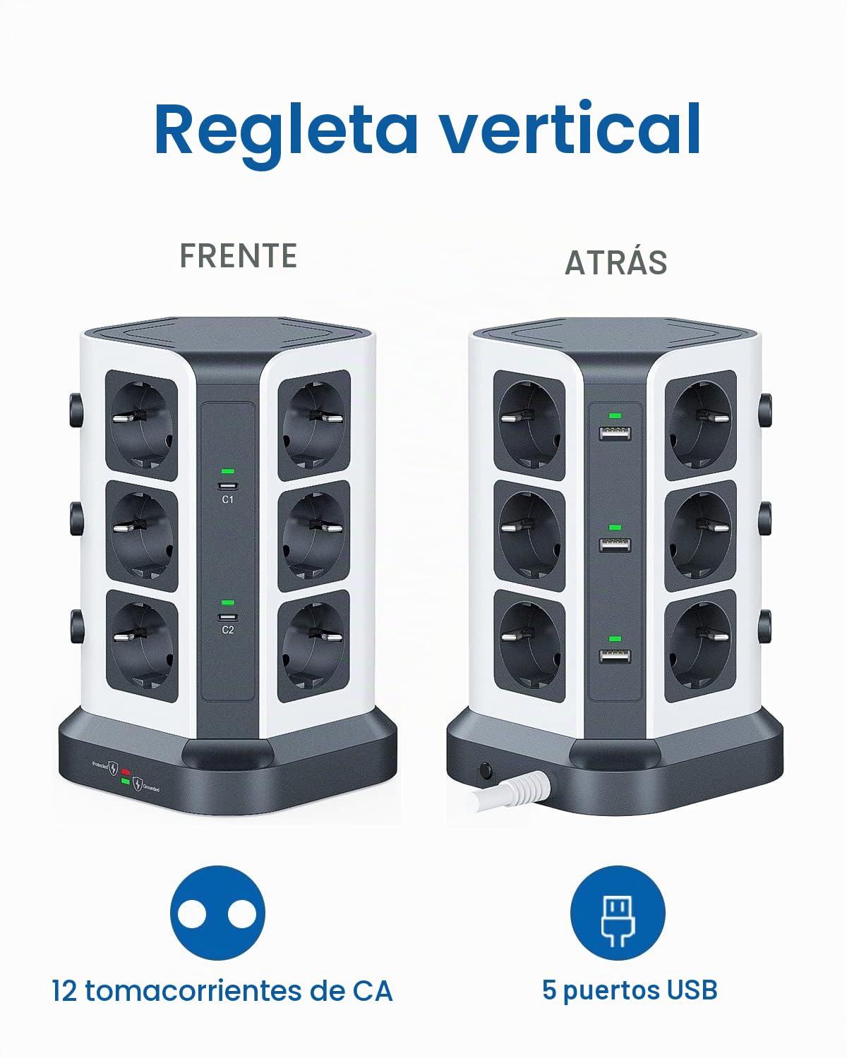 KOOSLA Regleta 65W PD USB-C, 12 Enchufes, 2M, Gris Oscuro | 12 Enchufes, 2 USB-C PD + 3 USB-A, 3680W/16A, Cable 2M, Protección contra Sobretensión
