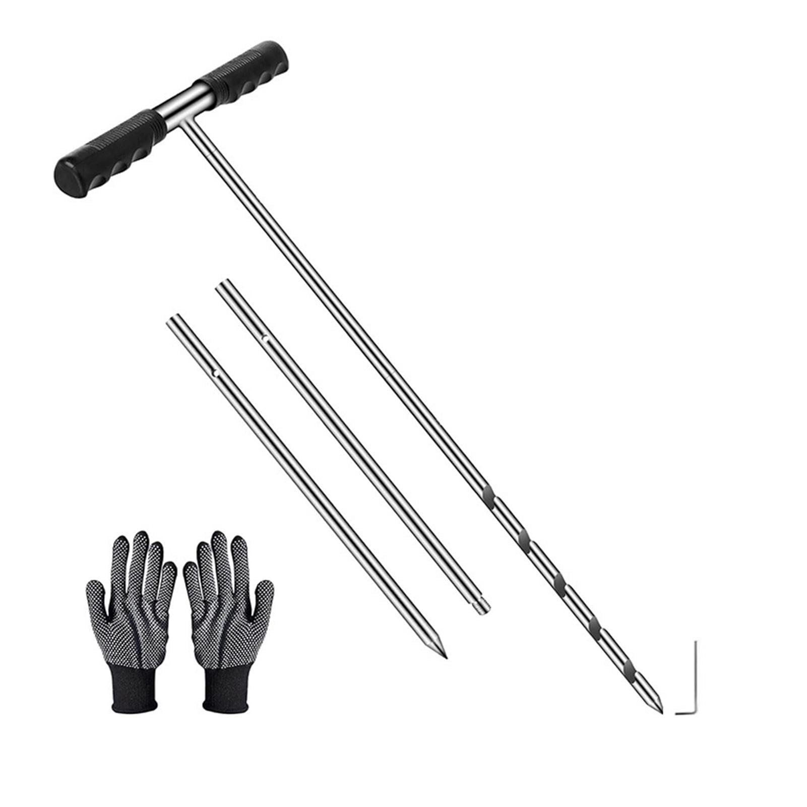 Bodenprobensonde | Edelstahl-Bodensondenstab mit T-Griff, inklusive Handschuhen | Gartenerd-Testset, Bodenkern-Probenahmewerkzeug, 43,2-81,3-121,9 cm Länge verstellbar