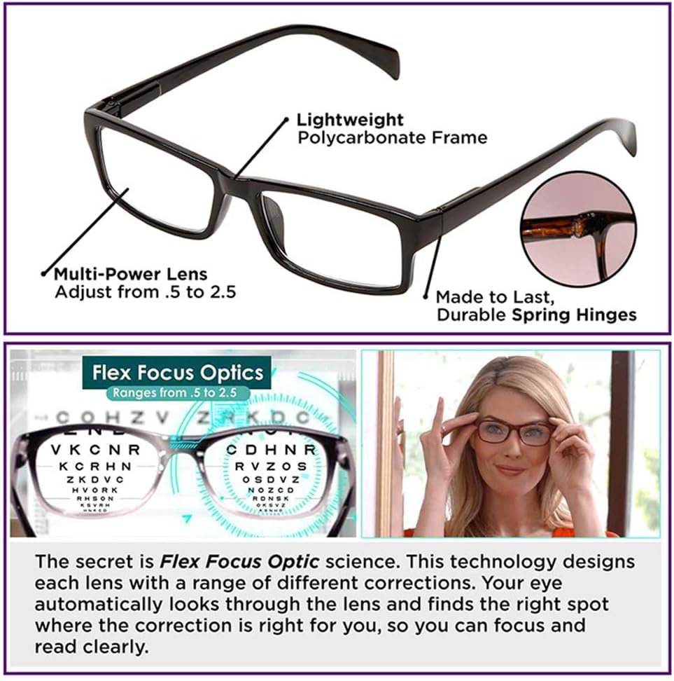 Kolorful One Power Readers Read Small Print and Computer Screens Unisex Adjustable Eye Glasses Flex Clear Focus Auto Adjusting Optic for Women & Men Magnifying Readers, Black 4