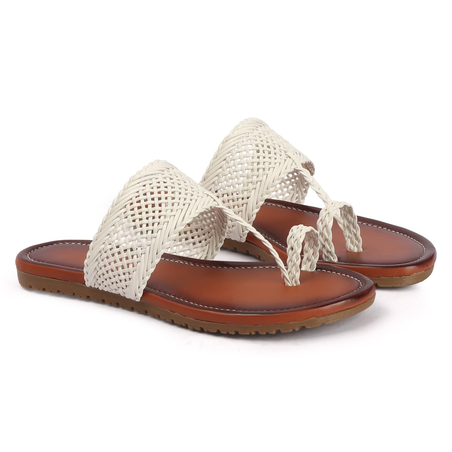 Woven Gold Toe-Ring Sandals, Brown Leather Footbed, Braided Straps, Flat Slip-On-picture-19