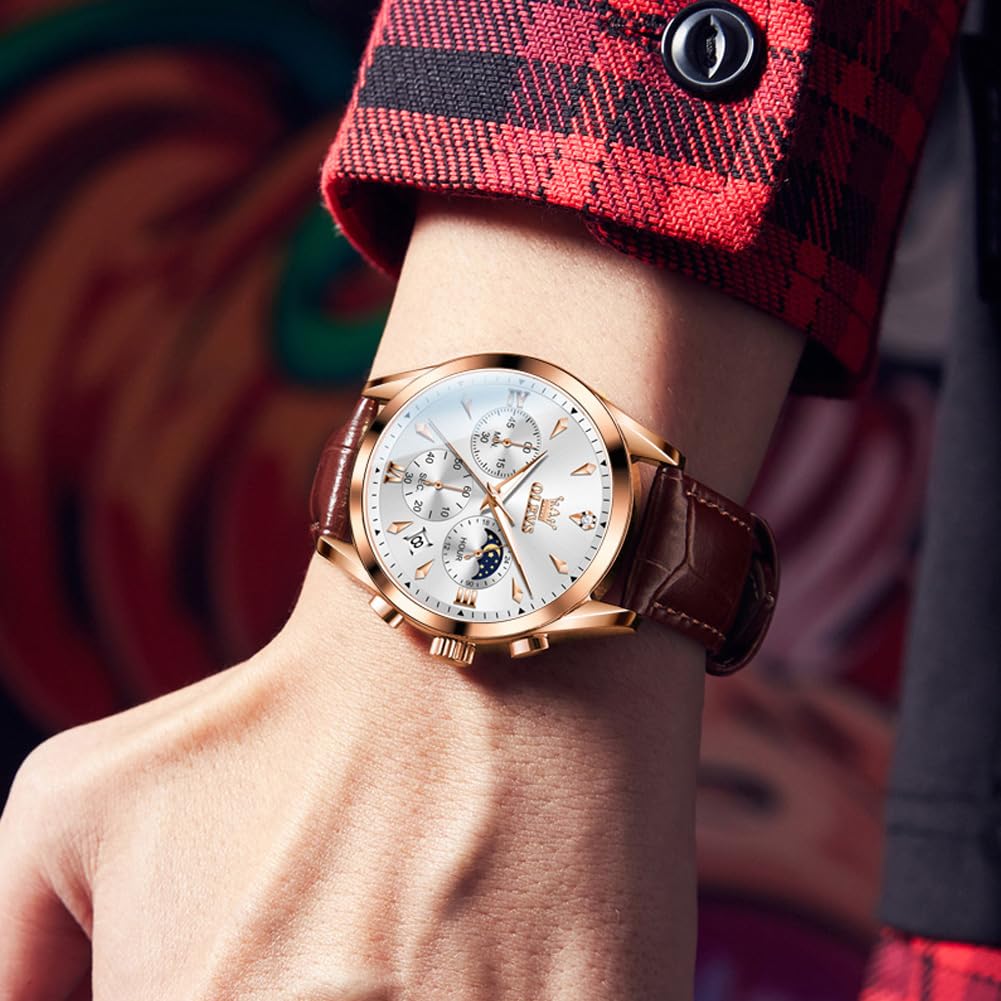 OLEVS Orologio da uomo analogico al quarzo con cinturino in pelle, quadrante grande e data, impermeabile, lussuoso, luminoso