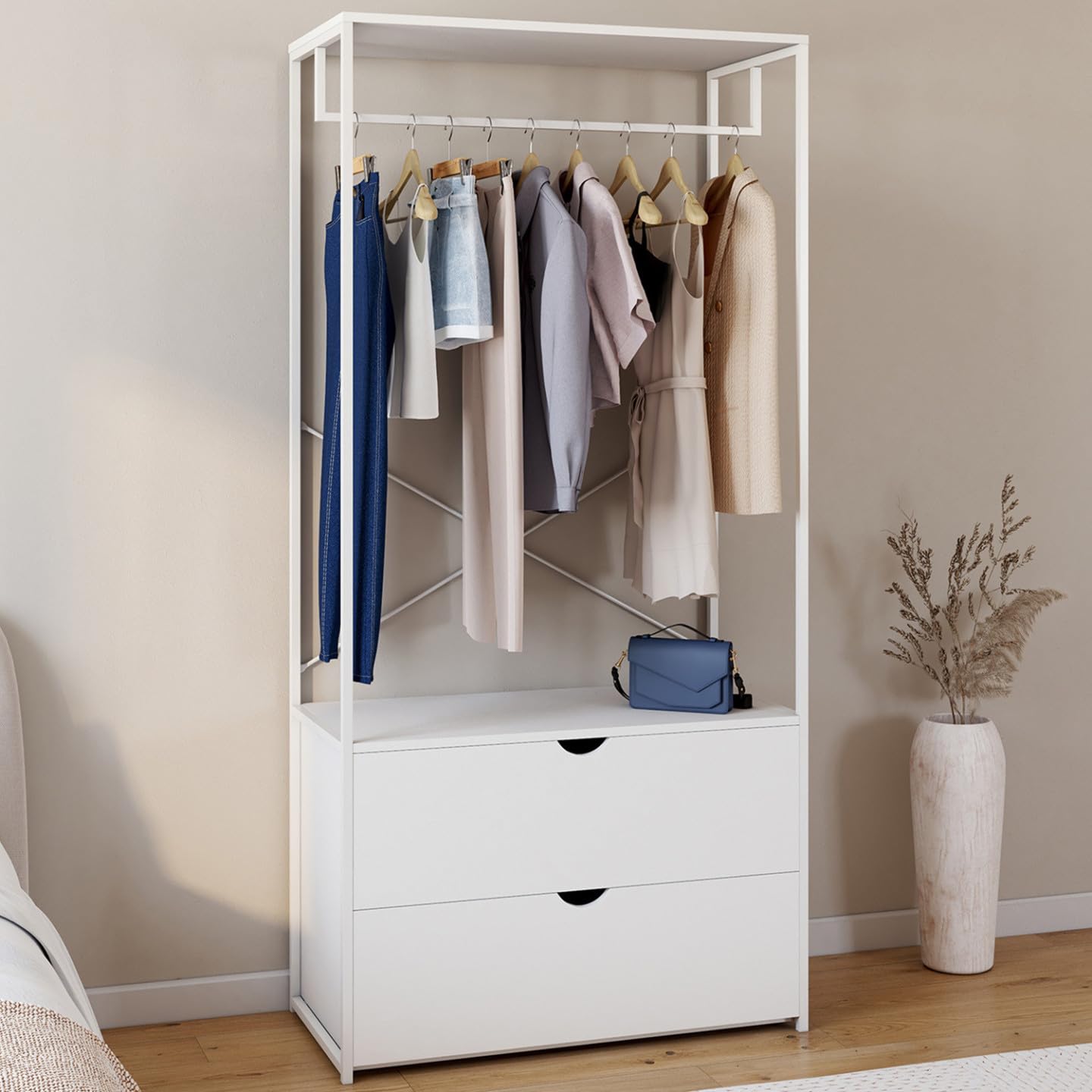 IDMarket – Armario para ropa con 2 cajones L. 80 cm BROOKLYN, madera blanca y metal blanco