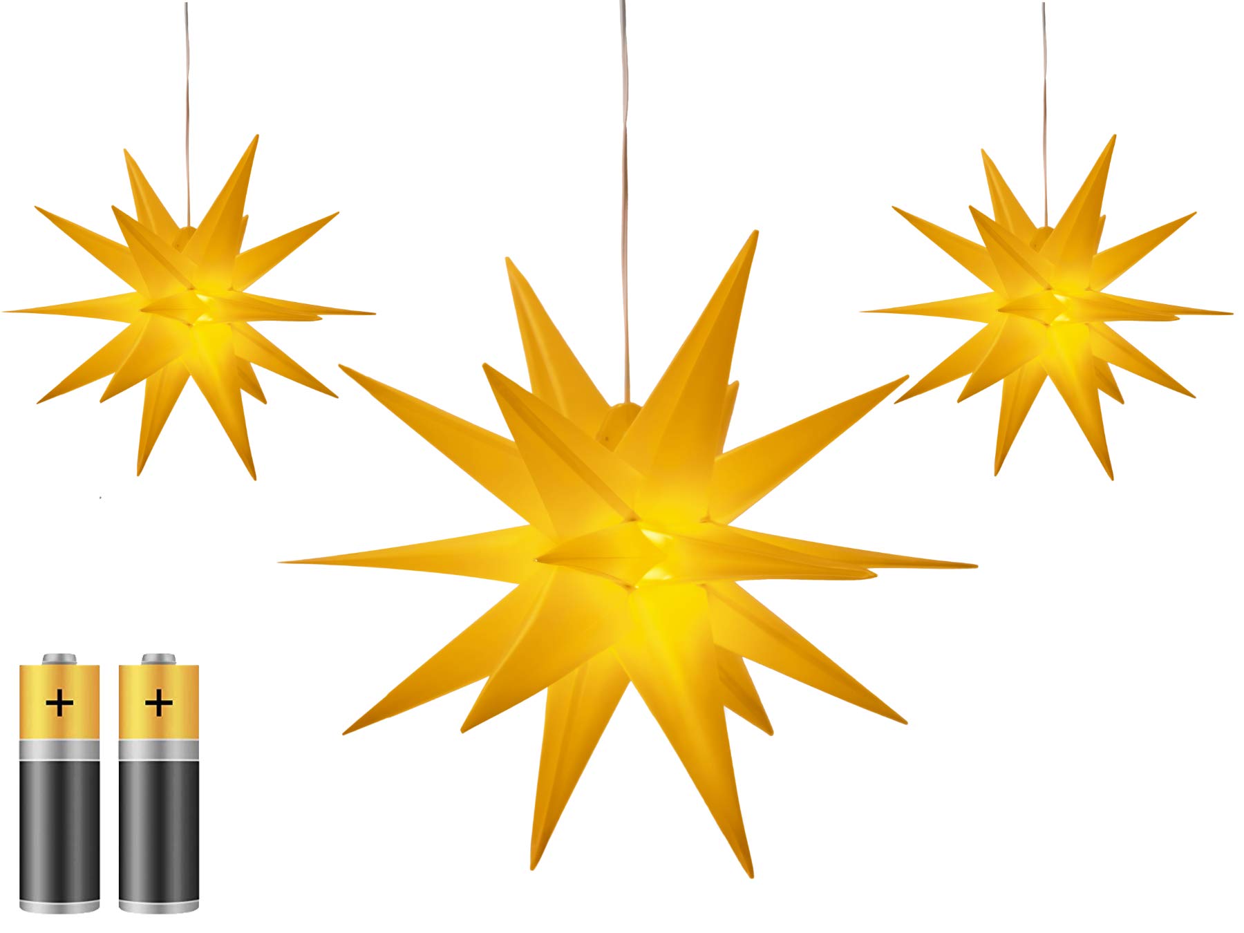 3er Pack 3D Leuchtstern  25 cm - Weihnachtsstern mit warm-weier  Beleuchtung, fr Innen und Auen geeignet, hngend, 100 cm Zuleitung,  batteriebetrieben (gelb) : Amazon.de: Beleuchtung