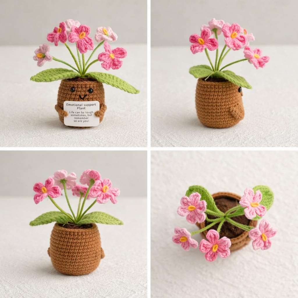 Vendola 12CM Height Valentine’s Day Emotional Support Crochet Flower Plant, Handmade Cute Desk Decor with Positive Message, Aesthetic Gift for Home, Office, Loved Ones, Couples & Car (Wild Pink White)
