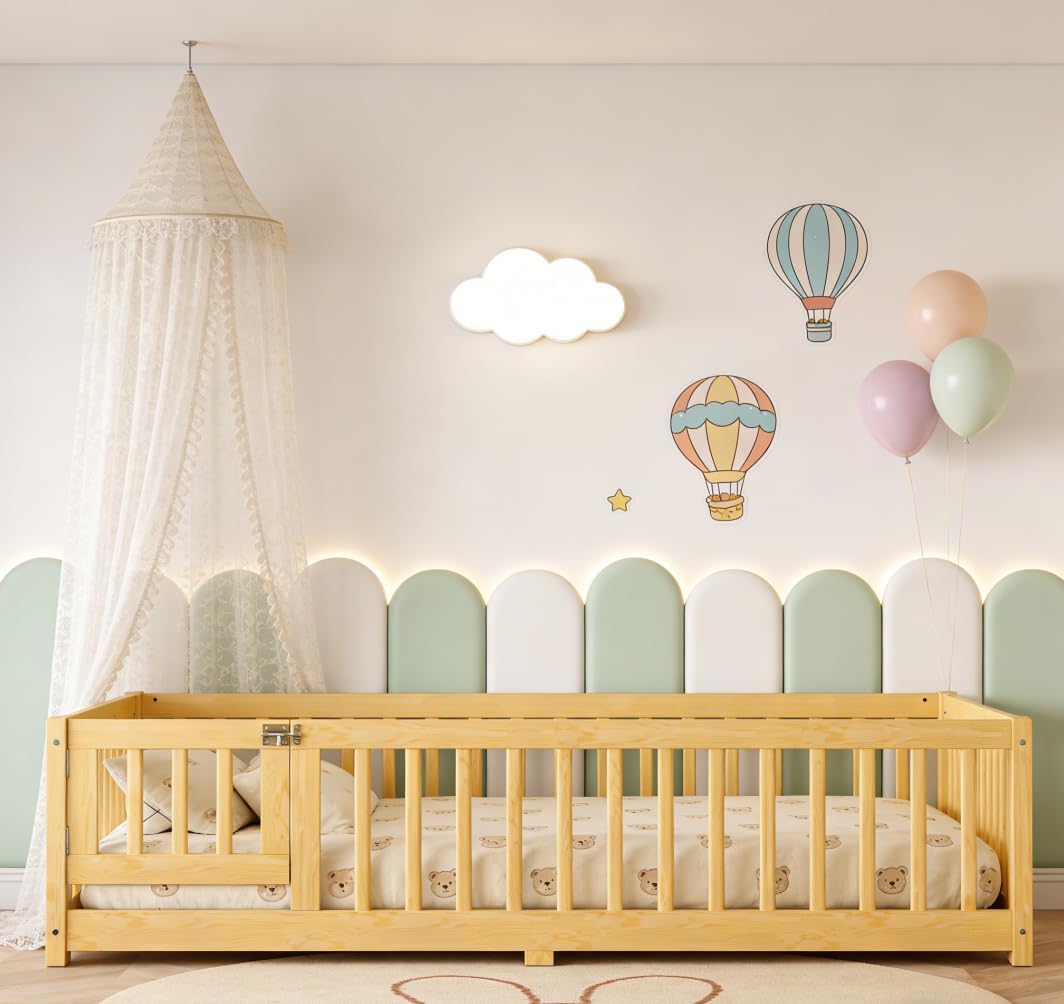 Bellemave Full Size Montessori Floor Bed with Rails, Pine,Montessori Floor Bedwith slats and a Small Door, Natural