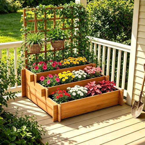 Ultym 43 3-Tier Fir Wood Raised Garden Bed Planter with Trellis