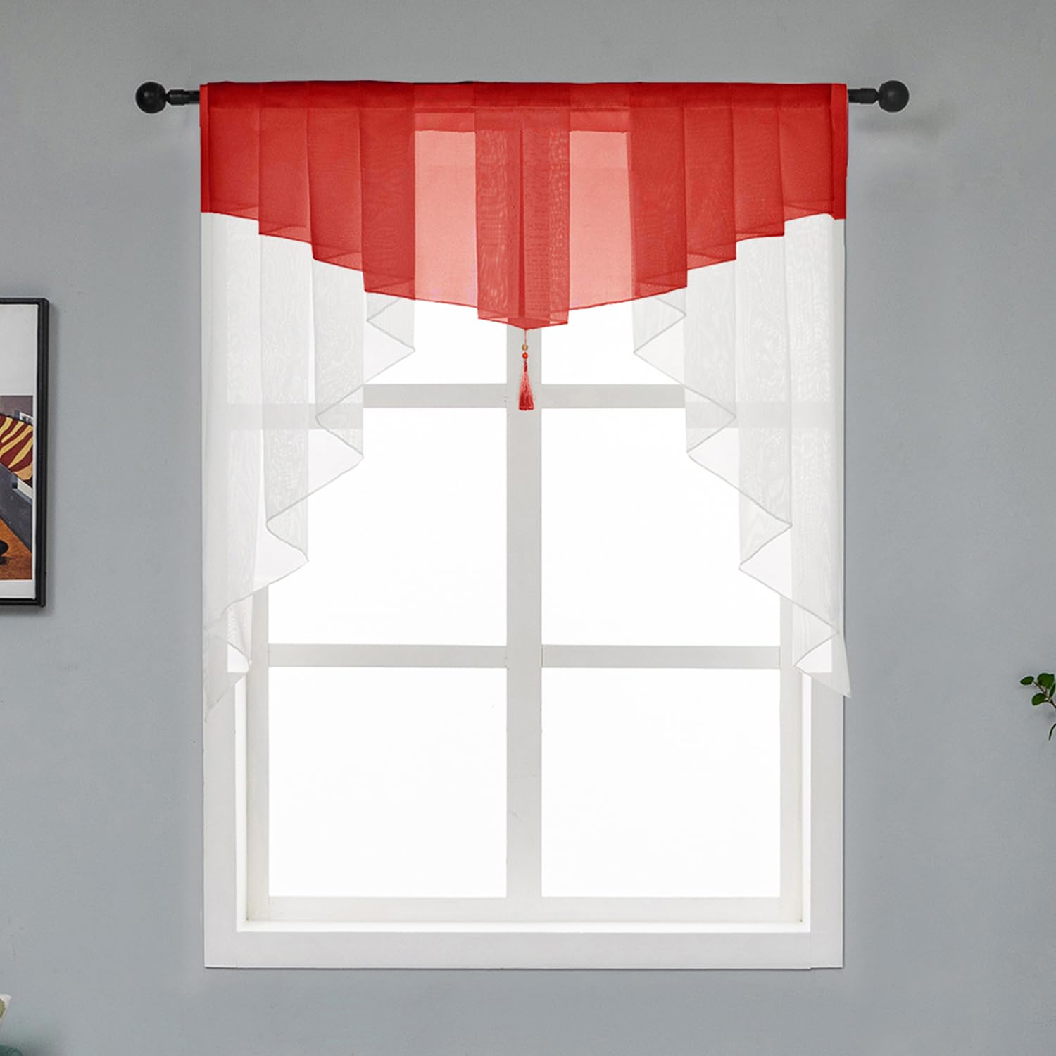 Swag Sheer Valance Curtains for Living Room Kitchen, Voile Tassel Rod Pocket Tailored Scalloped Curtains for Bedroom Bathroom Windows Red+White 39" W x 39" L Inches (1PC)