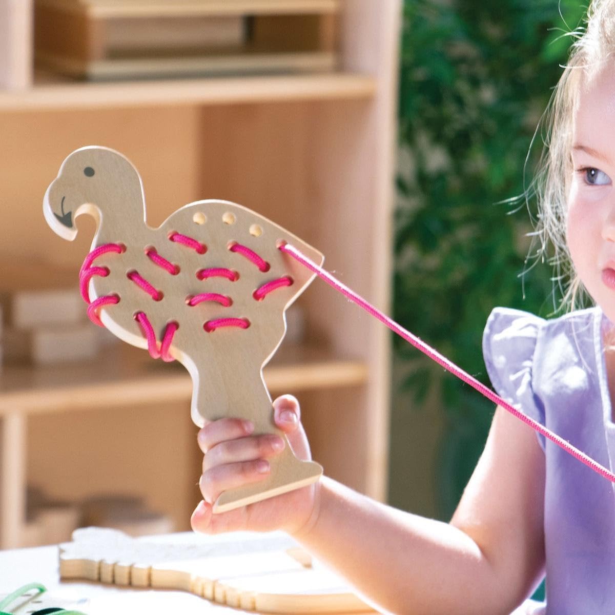 Kaplan Early Learning Safari Wooden Lacing Animals - Set of 5 Animals, Colorful Laces, and Pattern Cards for Creating Realistic or Abstract Patterns - Image 5