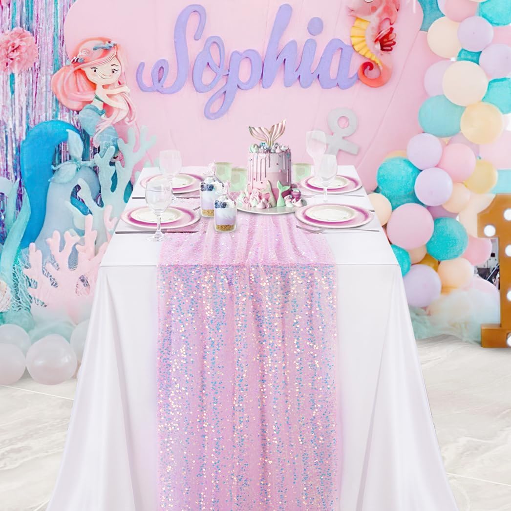 Pink Sequin Table Runner Iridescent Sequence Table Runners Glitter Table Fabric 25x120 inch for Baby Shower Wedding Birthday Party Ceremony Table Decorations