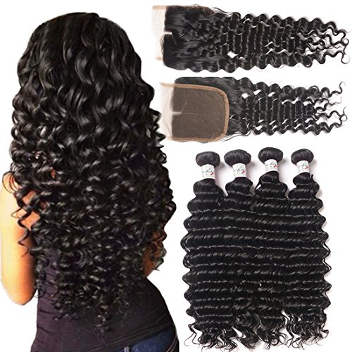 Brazilian Deep Wave Virgin Hair 4 Bundles with Middle Part Closure (24 26 28 30 with 20) 100% Unprocessed Brazilian Deep Curly Remy Human Hair Weaves and Lace Closure Deep Wave Bundles with Closure