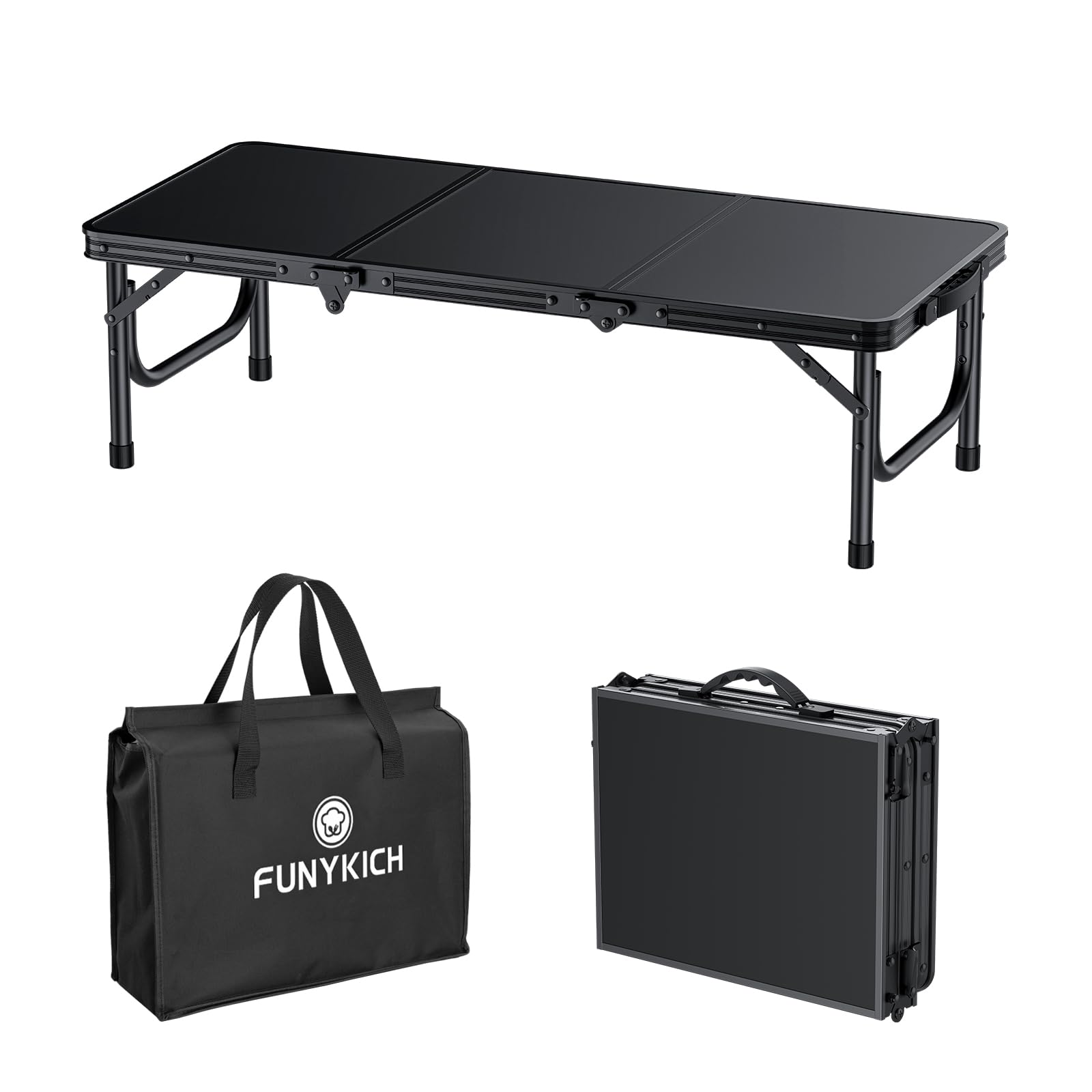 FUNYKICH Niski składany stół piknikowy o długości 0,9 m (87 x 40 x 26 cm), grubszy aluminiowy stół plażowy z uchwytem i torbą do przenoszenia, lekki, mały stół kempingowy na piknik, plażę, kemping