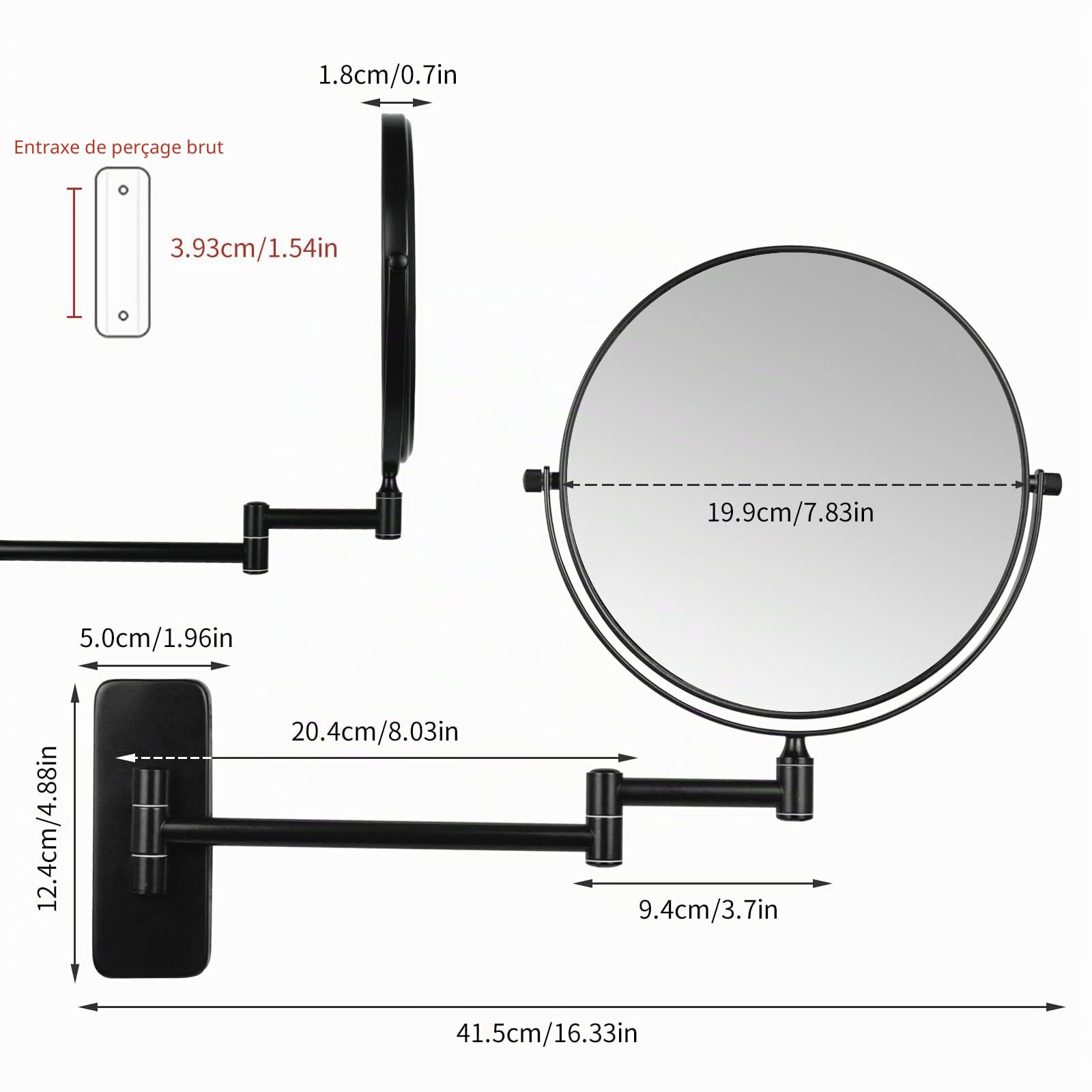 Nicesail Miroir cosmétique mural avec grossissement 5X pour salle de bain - Noir - Pivotant à 360° - Miroir double face - Extensible - Miroir de rasage - Montage mural - Diamètre 20 cm