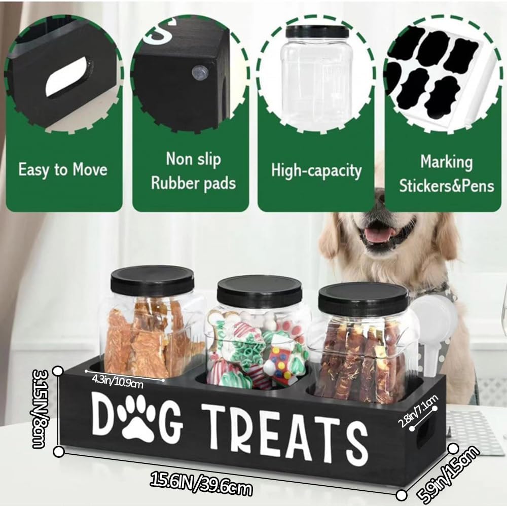 Dog Treat Container for Countertop, Dog Food Storage Container with 3 Jars, Dog Food Storage Canister for Kitchen Countertop, Pet Food Organizer For Puppy, Black