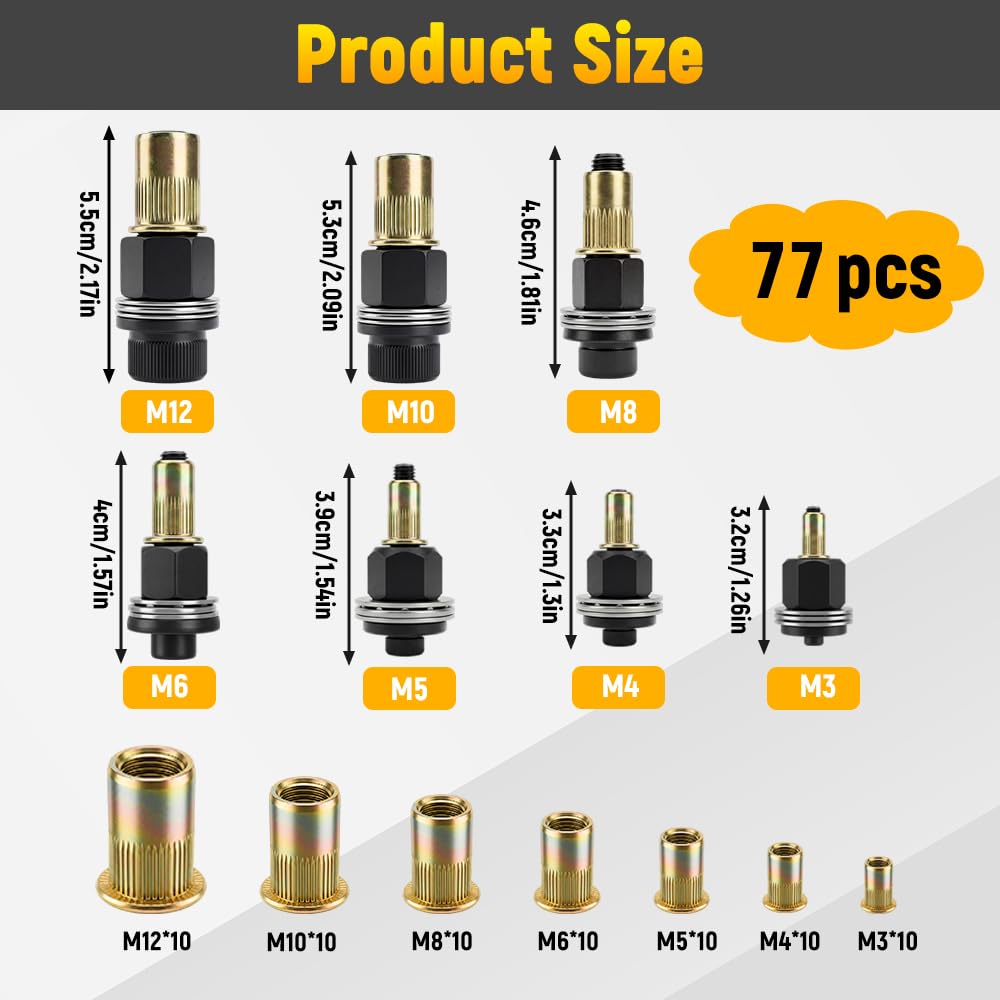 Golgner 77 Stück Nietmutternzange Set, Nietmuttern Nieten Set, Nietenzange Nietmuttern Set, mit 70 Muttern M3 M4 M5 M6 M8 M10 M12, für Nietmutter Werkzeug Manuelle Nietmaschine