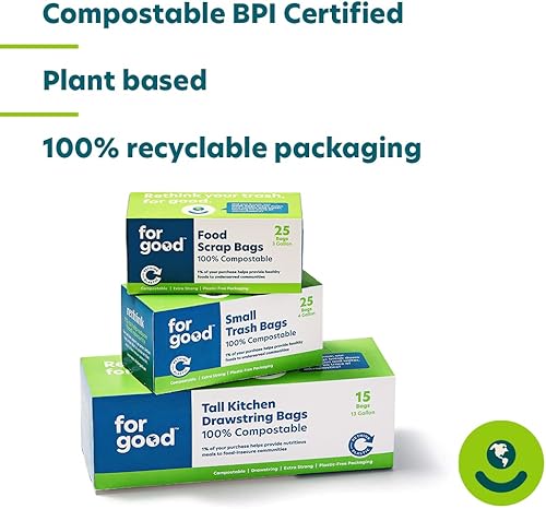 Miniatura 3 de for good Bolsas de basura compostables para cocina de 13 galones de alto, forro biodegradable con cordón, bolsas de basura extra fuertes,