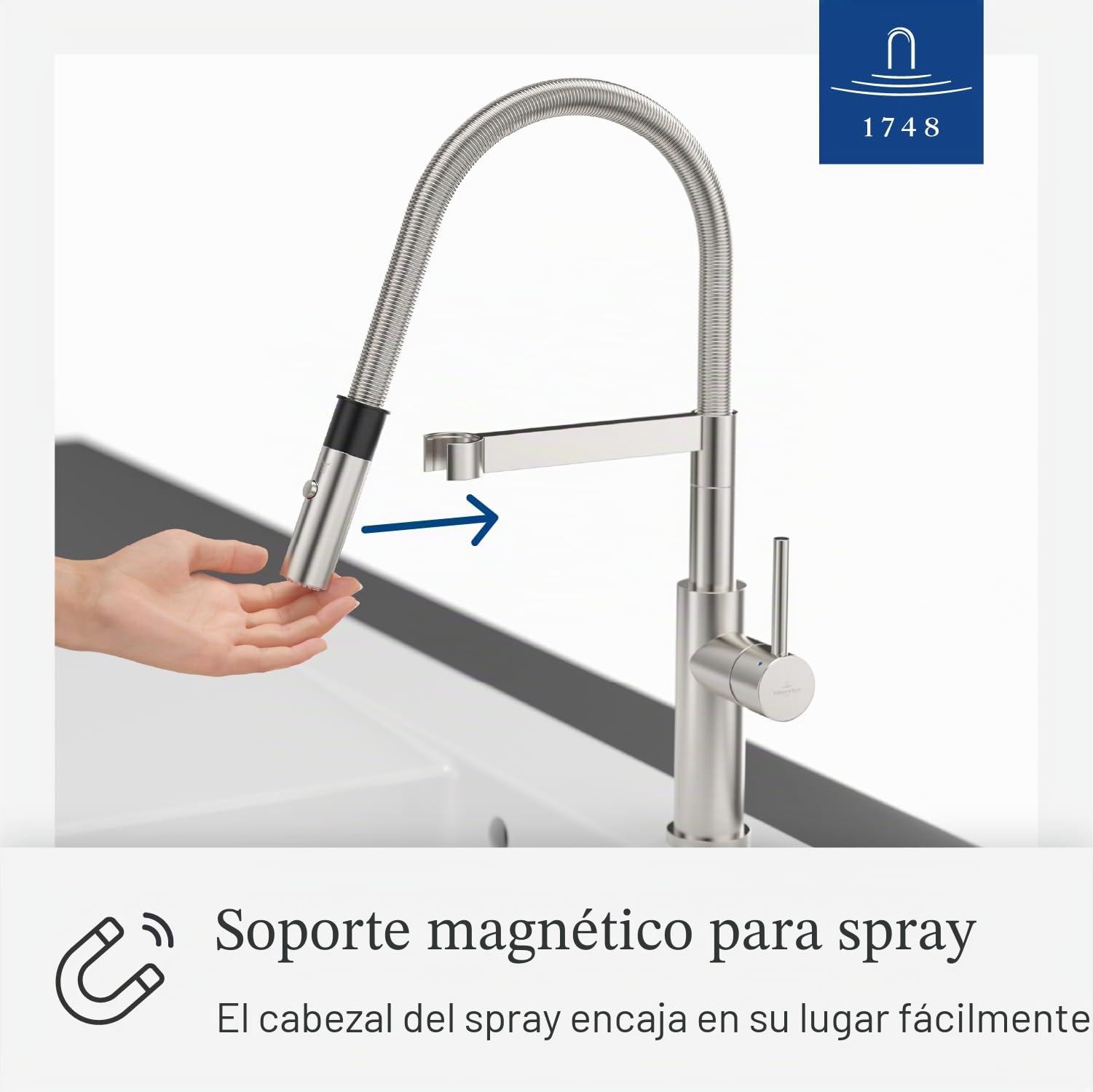 Villeroy & Boch Steel Expert 2.0 grifería de cocina, alta presión, con función de conmutación y desagüe orientable, grifo de fregadero de bajo consumo, altura del caño 170 mm, acero inoxidable