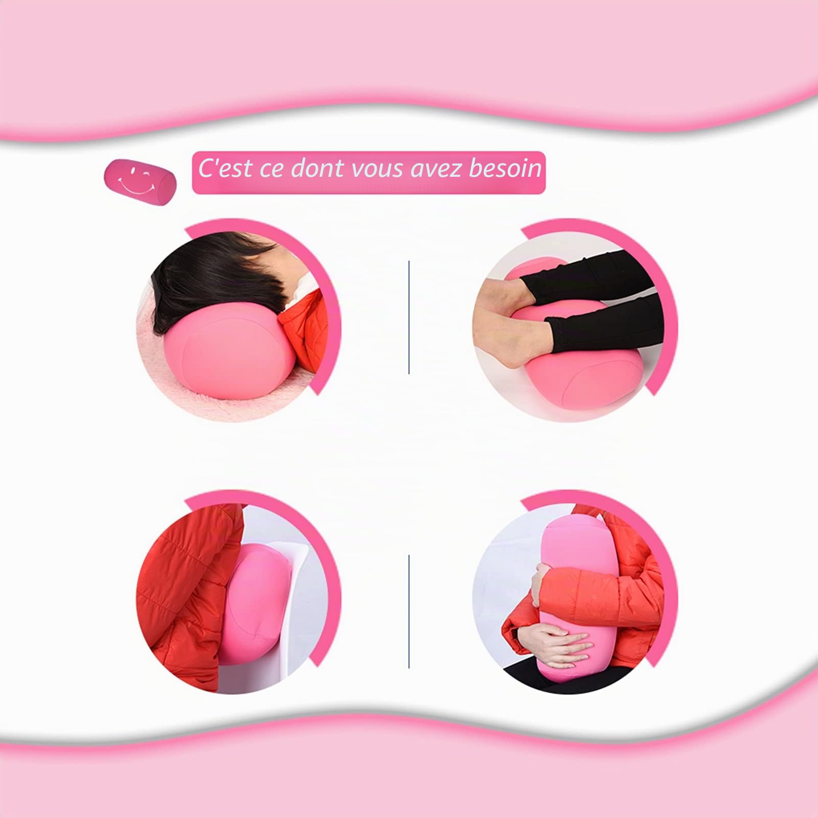 SEAFRONT Oreiller de Cou Rouleau Microbille Coussin Dos Tête Soutien Lombaire Cylindrique Cervical pour Siège Voyage Maison(Rose)