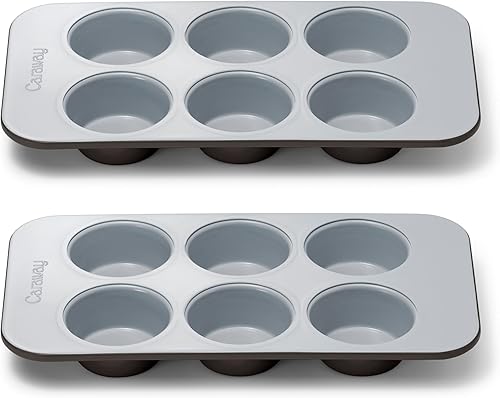 Caraway Molde antiadherente de cerámica para muffins de 6 tazas Dúo – No tóxico, sin PTFE ni PFOA, apto para horno, núcleo de acero aluminizado,