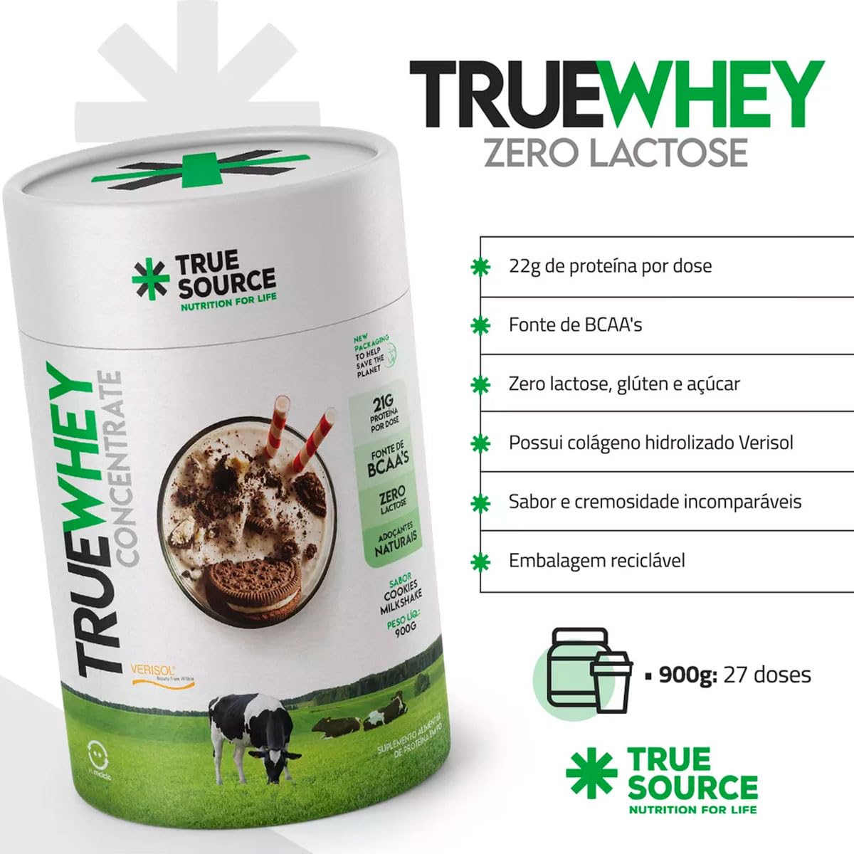 True Whey Zero Lactose, Sabor Cookies Milkshake, 900g, Proteína