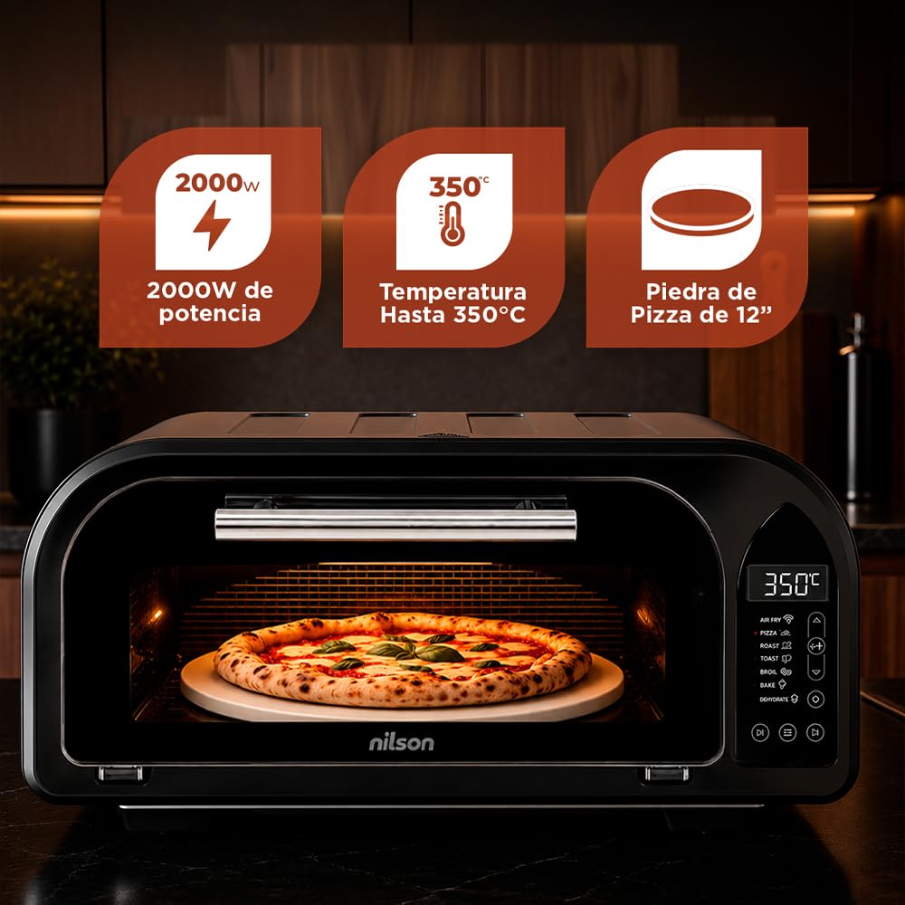 Four à pizza 12 L, compact, 2000 W, 7 programmes de cuisson, écran LED, NPM2000DP, thermostat réglable, température maximale 350°, minuterie