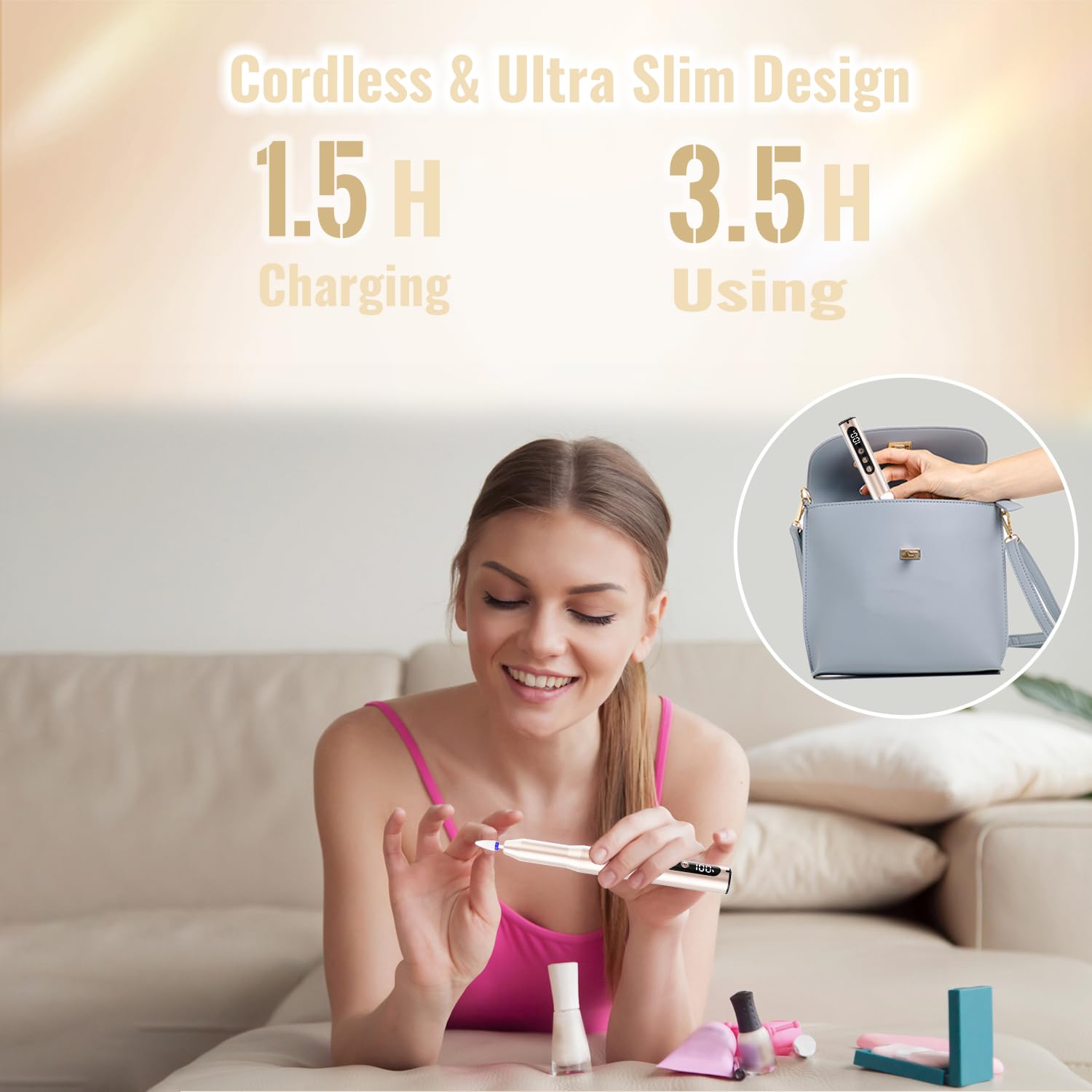 Ponceuse pour Ongles 35000 tr/min, Lime a Ongle Electrique Professionnelle 12 en 1 Ponceuse à Ongles Sans Fil avec écran LCD, Portable Kit de Manucure et Pédicure 5 Vitesse Réglable Doré