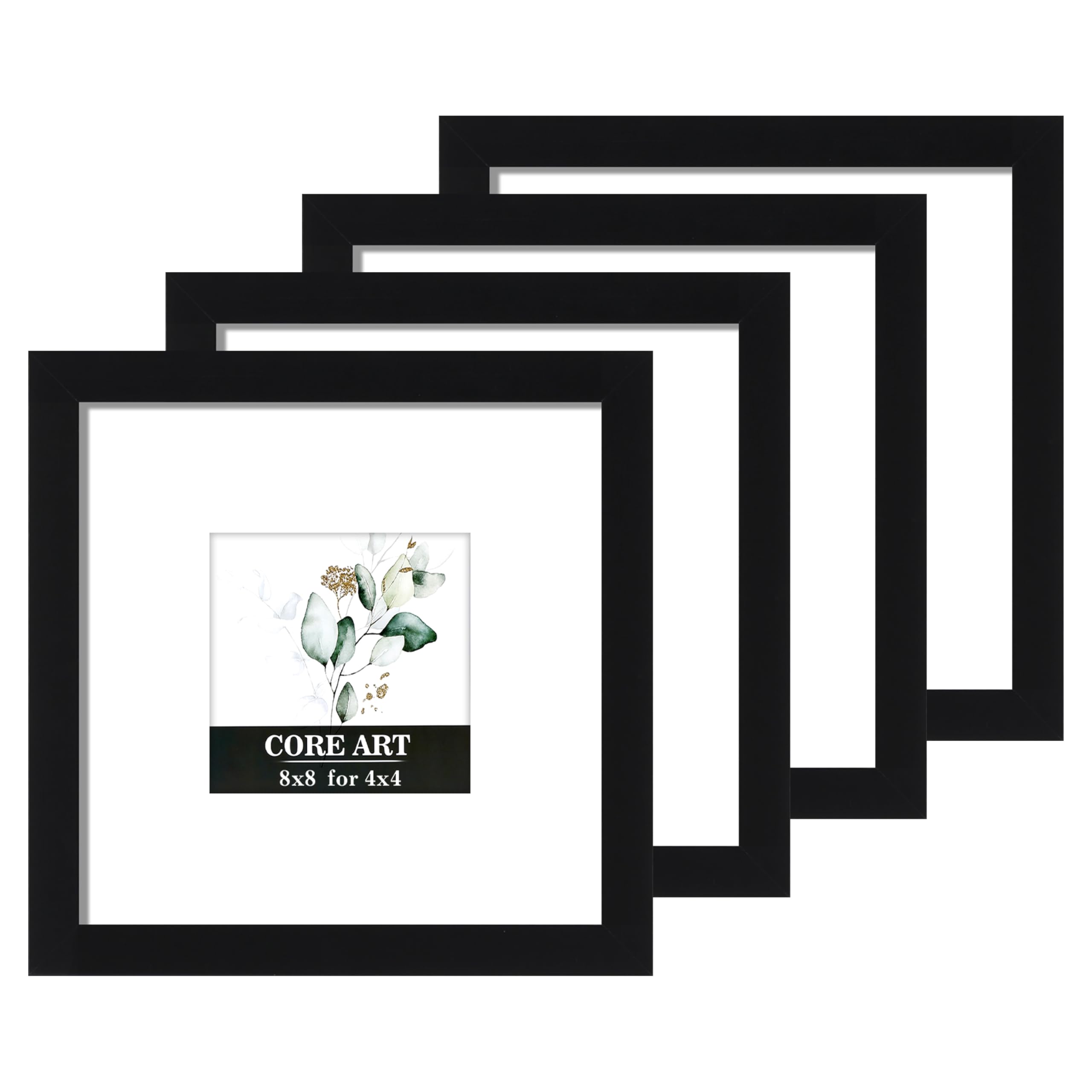 CORE ART 8x8 Picture Frame Set of 4, Display Pictures 4x4 with Mat or 8 x 8 without Mat, Multi Photo Frames Collage for Wall or Tabletop Display, Black