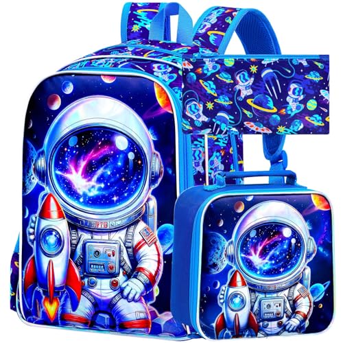 Image of AGSDON 3PCS Astronaut Backpack for Boys, 16 inch Little Kids Preschool Bookbag, Elementary Backpacks and Lunch Box - Blue