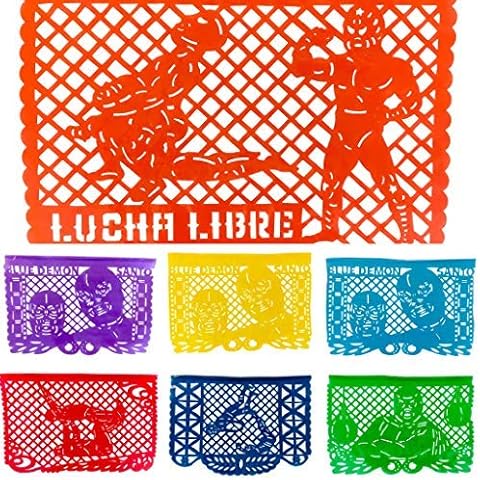 Lucha Libre Papel Picado Banner | Mexican Party Decorations | 10 Large Colorful Plastic Flags (16 ft) | El Santo & Blue Demon Wrestling Theme | Cinco de Mayo, Birthday Party Decor (TexMex Fun Stuff) Cover