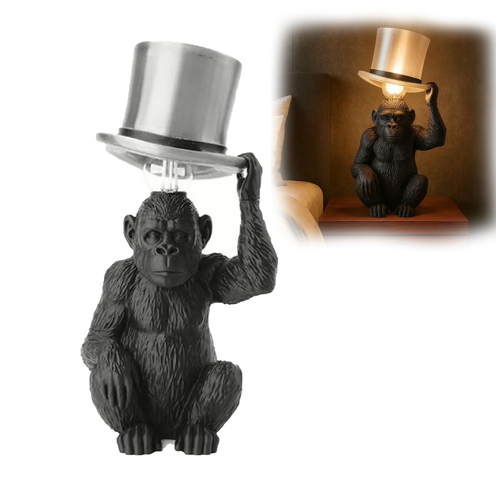 Monkey Table Lamp with Top Hat, Whimsical Animal Sculpture Desk Lamp, USB Warm Ambient Night Light for Bedroom & Living Room Decor, Creative Gift Idea