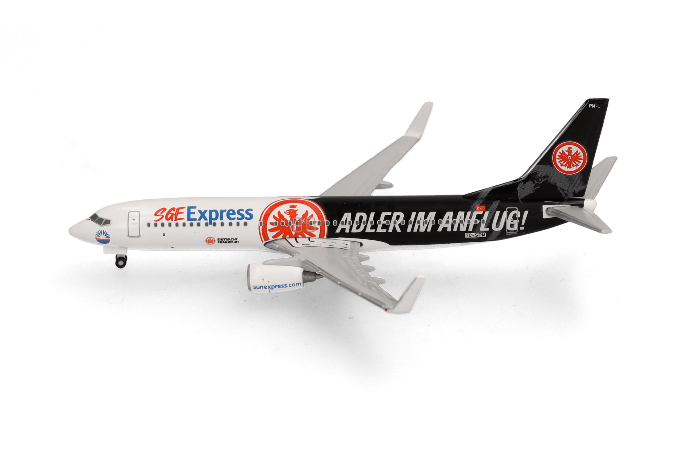herpa avión en Miniatura Sun Express Boeing 737-800 "Eintracht Frankfurt - SGE Express - Adler im Anflug - TC-SPM, Escala 1:500, artículo de colección, Modelo sin Base, Metal
